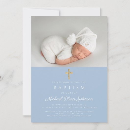 Baby Blauw Religieus Kruis Jongen Foto Doop Kaart (Voorkant)