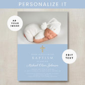 Baby Blauw Religieus Kruis Jongen Foto Doop Kaart