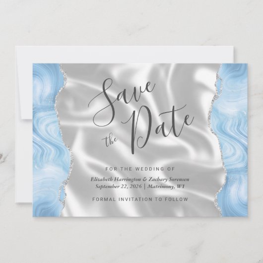 Baby Blauw Zilveren Agaat Witte Zijde Save the Dat Kaart (Voorkant)