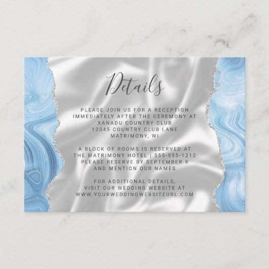 Baby Blauw Zilveren Agaat Witte Zijde Trouwdetails Informatiekaartje (Voorkant)
