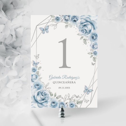 Baby Blauw Zilveren Bloemen Quinceanera Kaart