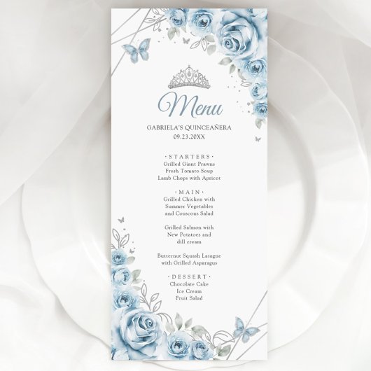 Baby Blauw Zilveren Bloemen Quinceanera Menu