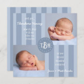 Baby Blauwe Streep Monogram Geboorte Aankondiging (Voorkant / Achterkant)
