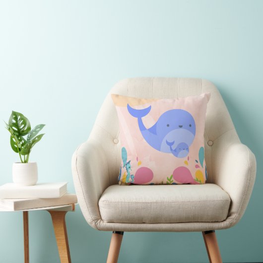 Baby blauwe walvis in roze oceaan scene kussen (Stoel)
