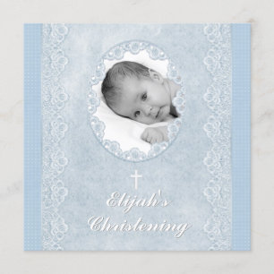 Baby Blauwe Witte Jongens Foto Doop Christening Kaart