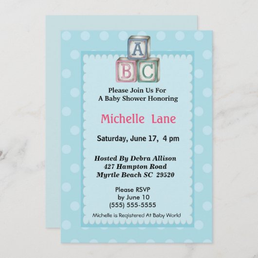 Baby Blokken Jongensdouche Uitnodiging (Voorkant / Achterkant)