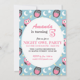 Baby Blue and Pink Owl Cartoon Birthday Uitnodigin Kaart
