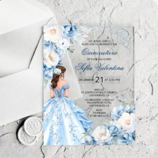 Baby Blue Assepoester Quinceañera Uitnodiging Acryl Uitnodigingen