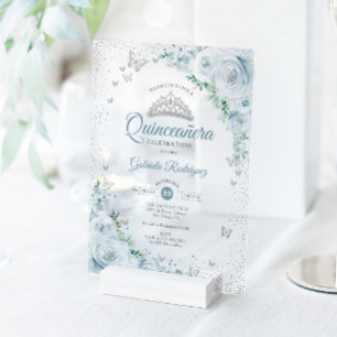 Baby Blue Bloemenschildering Rozen Quinceanera Acryl Uitnodigingen