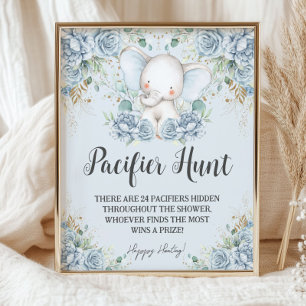 Baby Blue Bloemige Olifant Fopspenen Jacht Spel Poster
