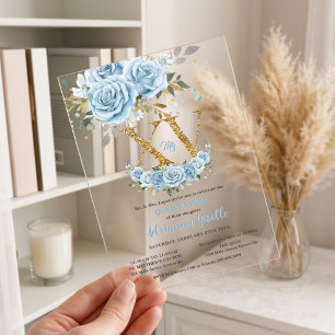 Baby Blue Bloemstuk Goud XV Quinceañera Quince 15 Acryl Uitnodigingen