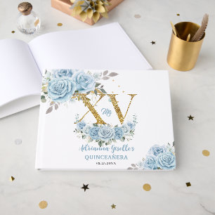 Baby Blue Bloemstuk Goud XV Quinceañera Quince 15 Gastenboek