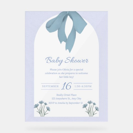 Baby Blue Bow Baby shower Acryl Bord (Voorkant)