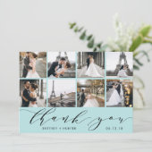 Baby Blue Calligraphy Script Photo Collage Bedankkaart (Staand voorkant)