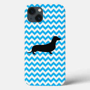 Baby Blue Chevron met Dachshund Silhouette iPhone 13 Hoesje