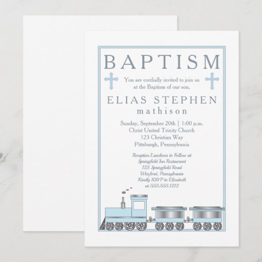 Baby Blue Choo Choo Train Boy Baptisme Kaart (Voorkant / Achterkant)