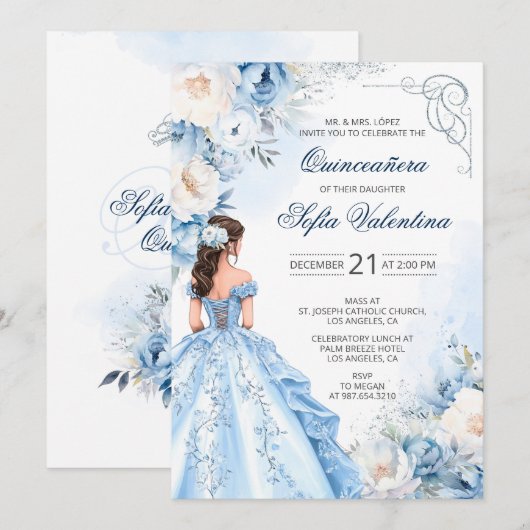 Baby Blue Cinderella Quinceañera Uitnodiging (Voorkant / Achterkant)