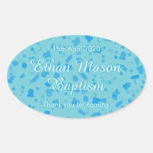 Baby Blue Confetti Doop Christening Favor Ovale Sticker