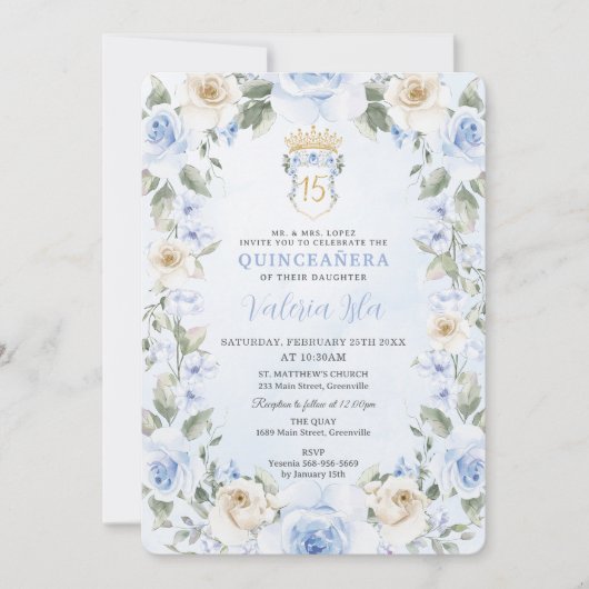 Baby Blue Cream Bloemen Krans Goud Quinceañera Kaart (Voorkant)