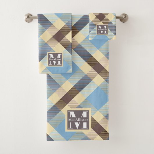 Baby Blue Cream Brown Retro Plaid Monogramme Nom (En situation)