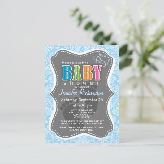 Baby Blue Damask-patroon Briefkaart (Staand voorkant)