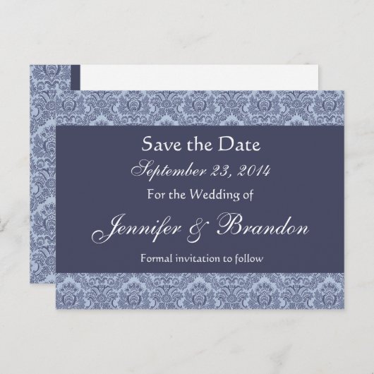Baby Blue & Denim Damask Enregistrer La Date Carte (Devant / Derrière)
