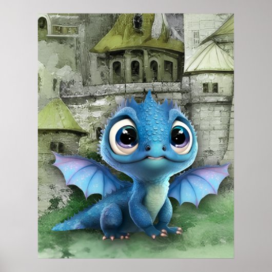 Baby Blue Dragon en Fantasy Medieval Castle Poster (Voorkant)