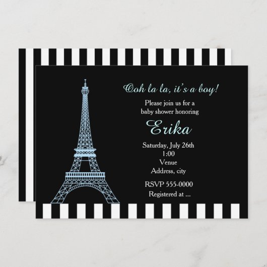 Baby Blue Eiffel Tower Paris Boy Shower Invitation (Devant / Derrière)