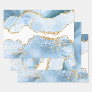 Baby Blue en Faux Goud Glitter Marmer Agaat Inpakpapier Vel