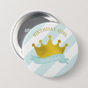 Baby Blue en Gold Tiara "Birthday Girl" Ronde Button 7,6 Cm