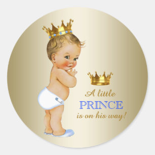 Baby Blue en Gouden Prins Baby Shower Ronde Sticker