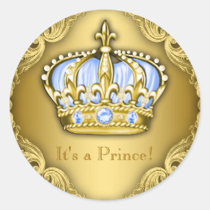 Baby Blue en Gouden Prins Baby Shower Ronde Sticker