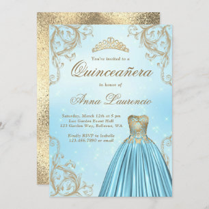 Baby Blue en Light Gold Quinceanera Kaart