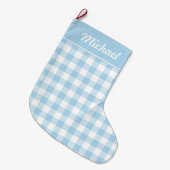 Baby Blue en White Gingham Personalized Grote Kerstsok (Voorkant (Hangend))