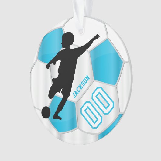 Baby Blue en White Personaliseer Boy Soccer Player Ornament (voorkant)