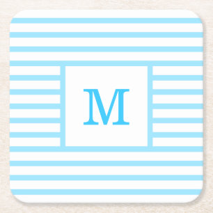 Baby Blue en White Stripes - aangepast monogram Vierkante Kartonnen Onderzetter