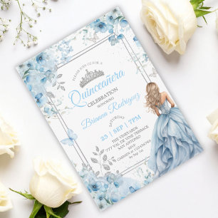 Baby Blue en Zilveren Bloem Vlinder Quinceañera Kaart