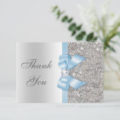 Baby Blue Faux Bow Silver Sequins Hartelijk dank Bedankkaart (Staand voorkant)