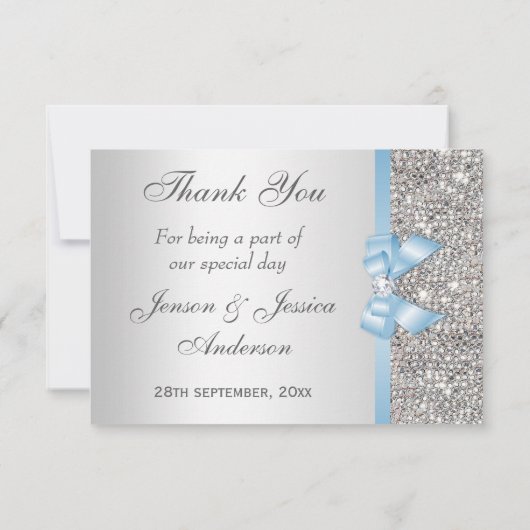 Baby Blue Faux Bow Silver Sequins Hartelijk dank Bedankkaart (Achterkant)