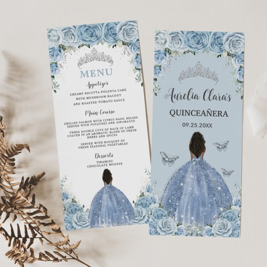 Baby Blue Floral Brown Princesse Quinceañera Menu