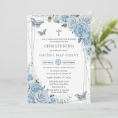Baby Blue Floral Butterflies Christening Baptisme Kaart (Staand voorkant)