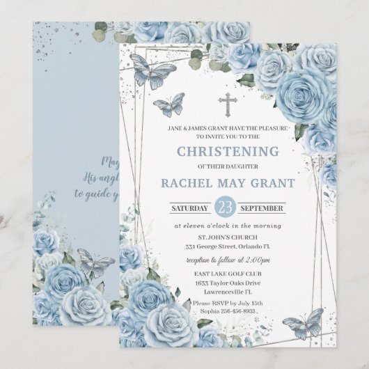 Baby Blue Floral Butterflies Christening Baptisme Kaart (Voorkant / Achterkant)