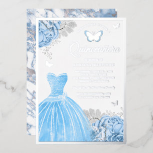 Baby Blue Floral Butterfly Quinceanera Silver Folie Uitnodiging