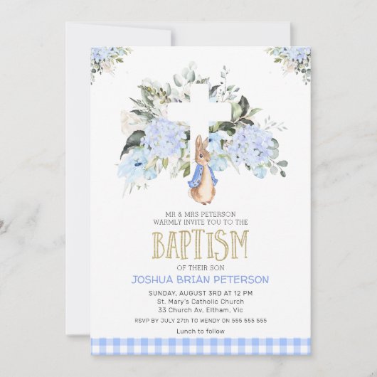 Baby Blue Floral Pset Peter Rabbit Baptisme Kaart (Voorkant)