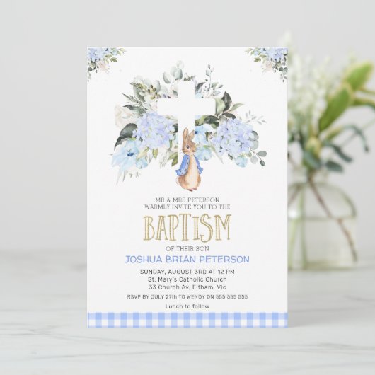 Baby Blue Floral Pset Peter Rabbit Baptisme Kaart (Staand voorkant)