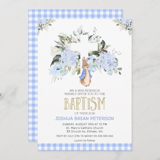 Baby Blue Floral Pset Peter Rabbit Baptisme Kaart (Voorkant / Achterkant)