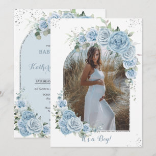 Baby Blue Floral Silver Baby shower Photo Arch Kaart