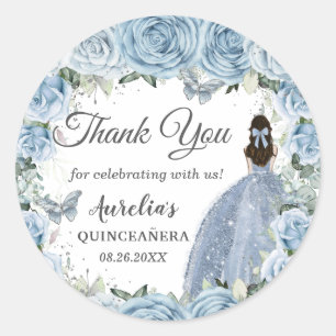 Baby Blue Floral Silver Butterflies Princess Favor Ronde Sticker