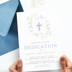 Baby Blue Floral Wreath & Cross Baby Dedication Kaart