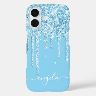 Baby Blue Glitter Drips Glam Signature iPhone 16 Hoesje